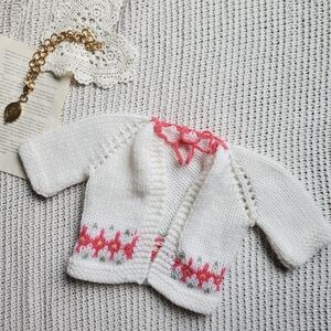 Hand-Knit White and Pink Baby Cardigan